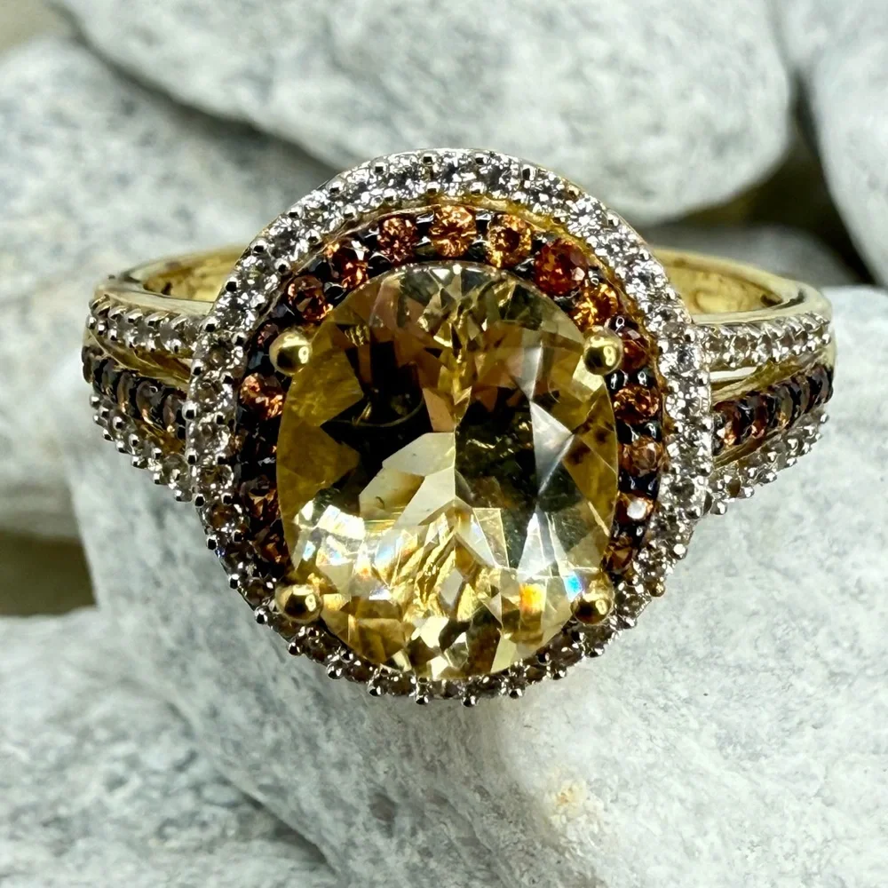 NWT Brazilian Sunfire Beryl 3.30ctw Ring Vermeil Gold & Zircon Double Halo